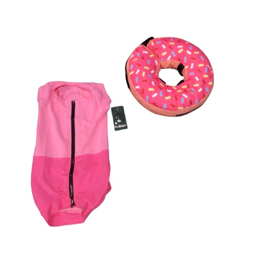 New Kuoser Dog pink recovery suit with inflatable dog donut collar sz L